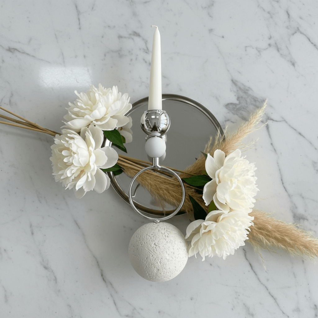 Silver Metal Candle Holder with White Round Chalk Base for Table Centerpieces – 23cm - Al Kabayel Discount CentreSilver Metal Candle Holder with White Round Chalk Base for Table Centerpieces – 23cmHome Décor AccentsAKDCAl Kabayel Discount Centre