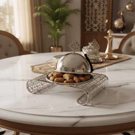Silver Metal Candy Plate with Dome Lid & Decorative Base — 23×16cm - Al Kabayel Discount CentreSilver Metal Candy Plate with Dome Lid & Decorative Base — 23×16cmServing TraysAKDCAl Kabayel Discount Centre