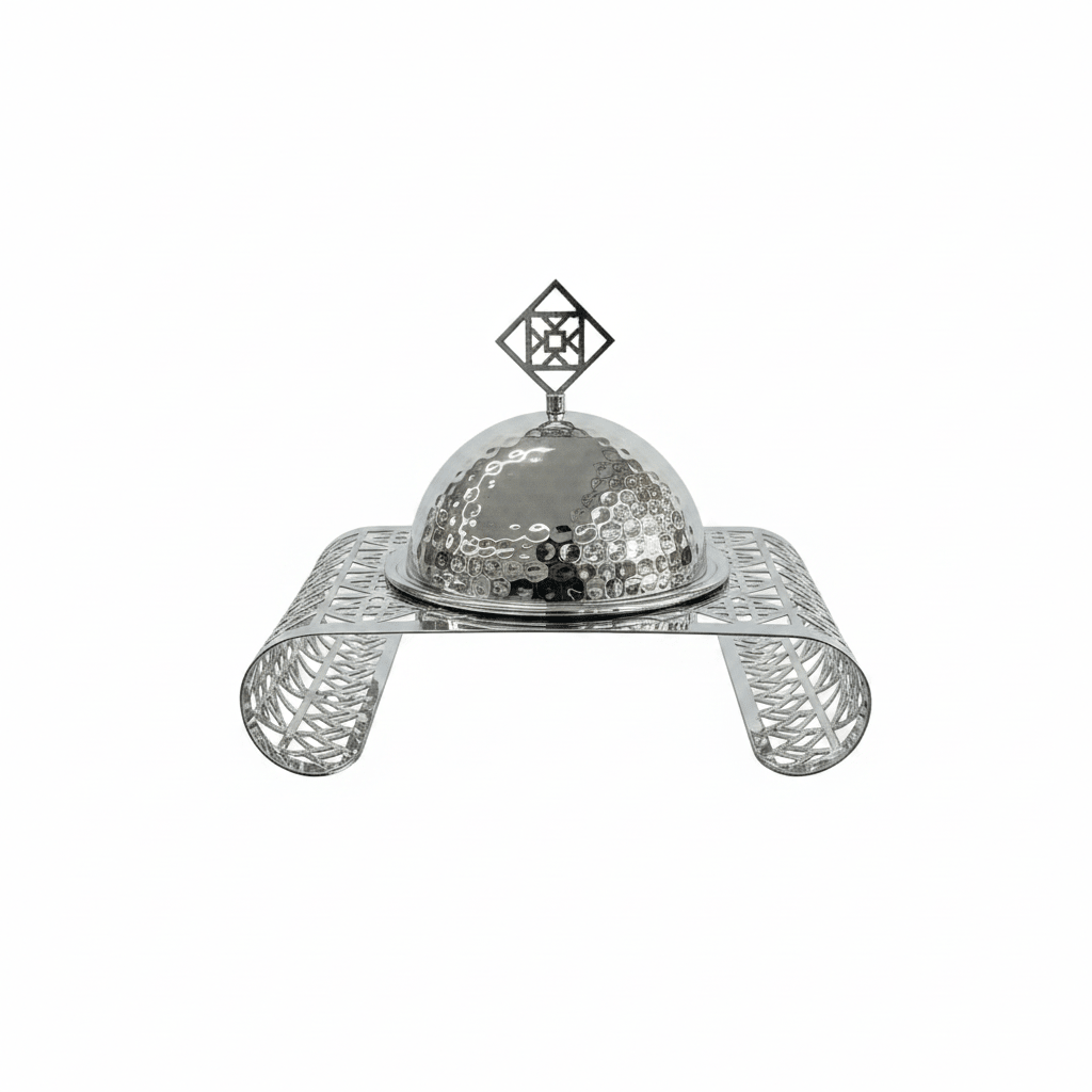 Silver Metal Candy Plate with Dome Lid & Decorative Base — 23×16cm - Al Kabayel Discount CentreSilver Metal Candy Plate with Dome Lid & Decorative Base — 23×16cmServing TraysAKDCAl Kabayel Discount Centre