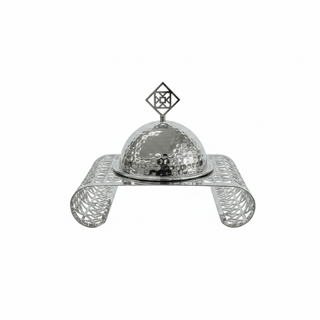 Silver Metal Candy Plate with Dome Lid & Decorative Base — 23×16cm - Al Kabayel Discount CentreSilver Metal Candy Plate with Dome Lid & Decorative Base — 23×16cmServing TraysAKDCAl Kabayel Discount Centre