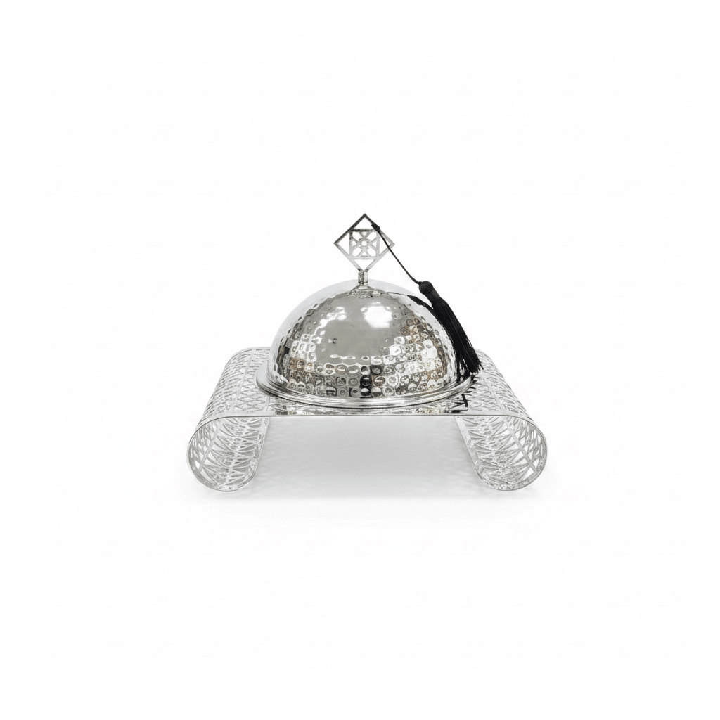 Silver Metal Candy Plate with Dome Lid & Ornate Base - 25×20cm - Al Kabayel Discount CentreSilver Metal Candy Plate with Dome Lid & Ornate Base - 25×20cmServing TraysAKDCAl Kabayel Discount Centre