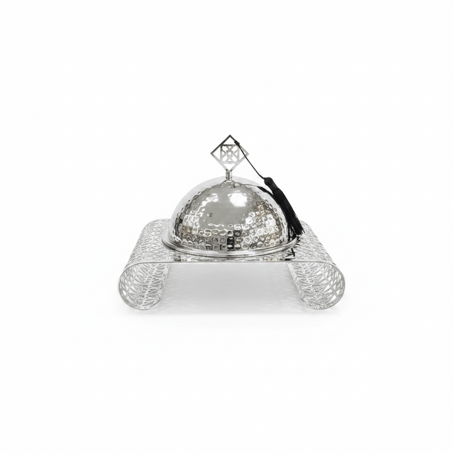 Silver Metal Candy Plate with Dome Lid & Ornate Base - 25×20cm - Al Kabayel Discount CentreSilver Metal Candy Plate with Dome Lid & Ornate Base - 25×20cmServing TraysAKDCAl Kabayel Discount Centre