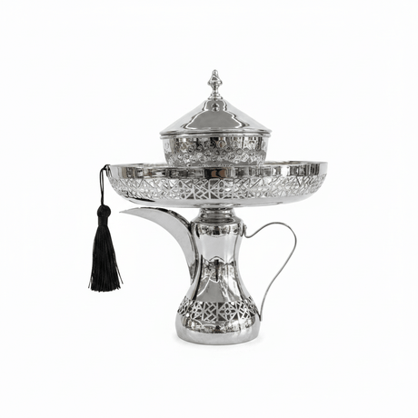 Silver Metal Candy Tray with Dallah Base - 30×23 cm - Al Kabayel Discount CentreSilver Metal Candy Tray with Dallah Base - 30×23 cmServing TraysAKDCAl Kabayel Discount Centre