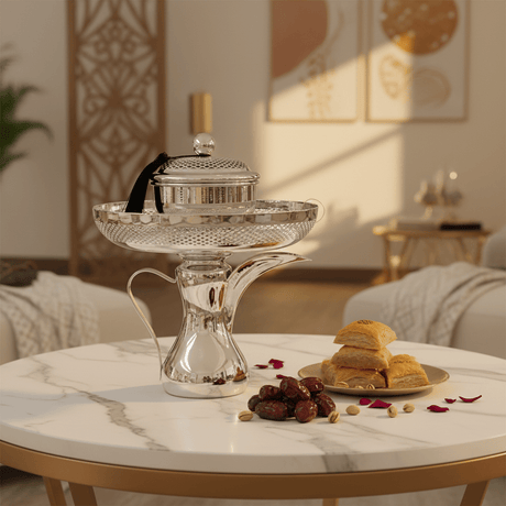 Silver Metal Dallah Candy Tray with Lattice Lid - 25 × 23 cm - Al Kabayel Discount CentreSilver Metal Dallah Candy Tray with Lattice Lid - 25 × 23 cmServing TraysAKDCAl Kabayel Discount Centre