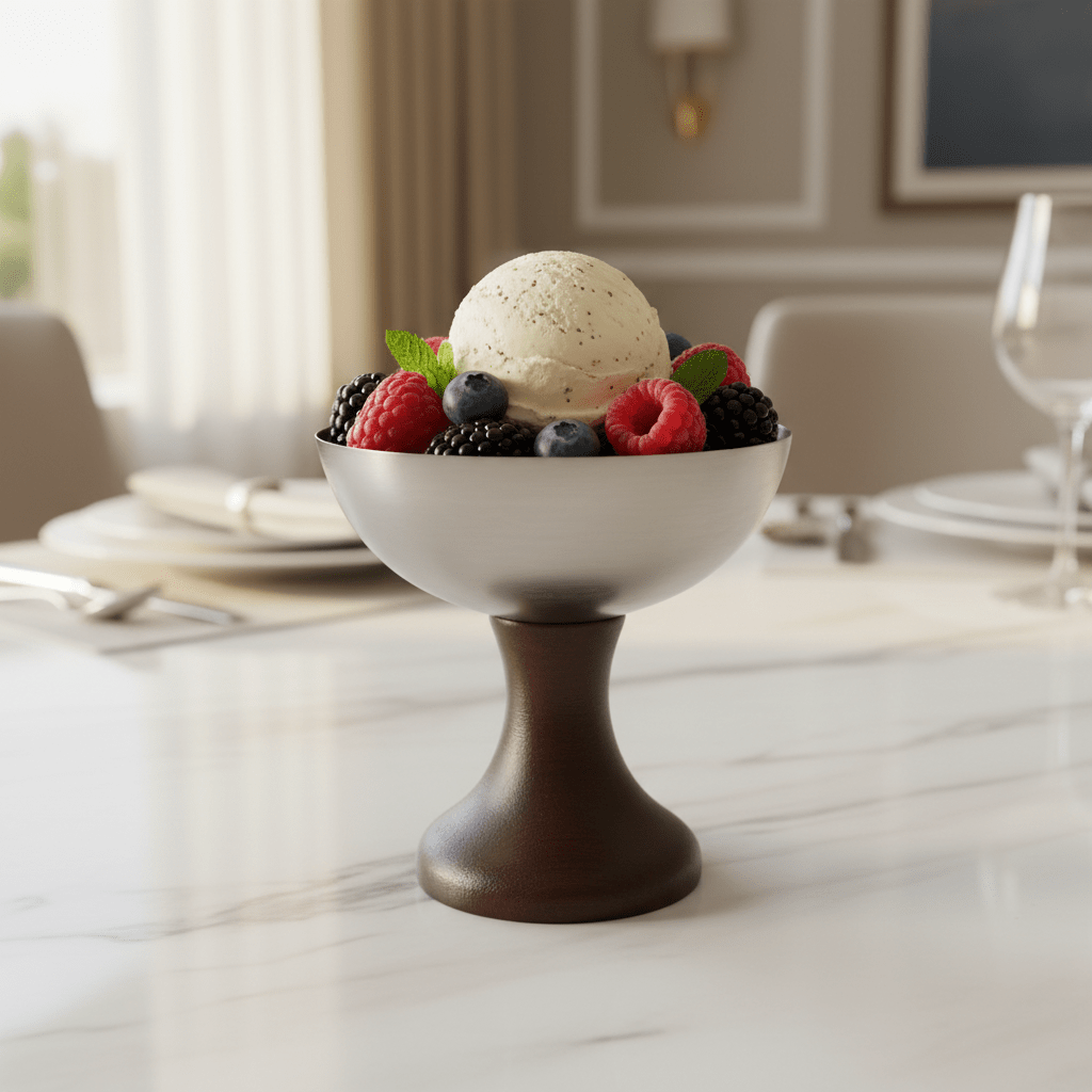 Silver Metal & Dark Wood Footed Dessert Cup | Elegant Pedestal Serving Bowl | 10×10 cm | - Al Kabayel Discount CentreSilver Metal & Dark Wood Footed Dessert Cup | Elegant Pedestal Serving Bowl | 10×10 cm |BowlsAKDCAl Kabayel Discount Centre