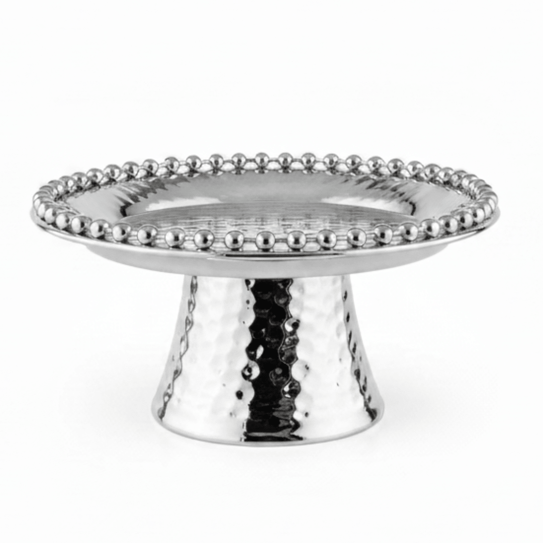 Silver Metal Footed Round Candy & Dates Tray with Beaded Rim | Hammered Pedestal Serving Dish | - Al Kabayel Discount CentreSilver Metal Footed Round Candy & Dates Tray with Beaded Rim | Hammered Pedestal Serving Dish |Serving TraysAKDCAl Kabayel Discount Centre
