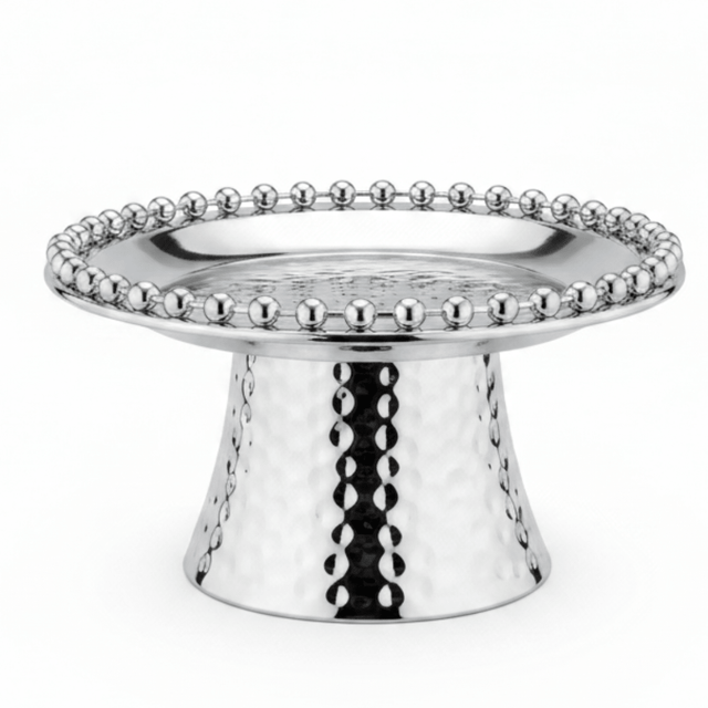Silver Metal Footed Round Candy & Dates Tray with Beaded Rim | Hammered Pedestal Serving Dish | - Al Kabayel Discount CentreSilver Metal Footed Round Candy & Dates Tray with Beaded Rim | Hammered Pedestal Serving Dish |Serving TraysAKDCAl Kabayel Discount Centre