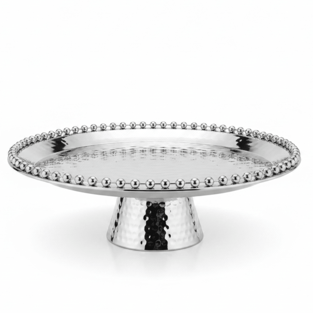 Silver Metal Footed Round Candy & Dates Tray with Beaded Rim | Hammered Pedestal Serving Dish | - Al Kabayel Discount CentreSilver Metal Footed Round Candy & Dates Tray with Beaded Rim | Hammered Pedestal Serving Dish |Serving TraysAKDCAl Kabayel Discount Centre