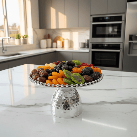 Silver Metal Footed Round Candy Tray | Hammered Finish with Beaded Edge | Elegant Serving Pedestal Stand | - Al Kabayel Discount CentreSilver Metal Footed Round Candy Tray | Hammered Finish with Beaded Edge | Elegant Serving Pedestal Stand |Serving TraysAKDCAl Kabayel Discount Centre