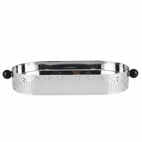 Silver Metal Oval Candy & Serving Tray with Elegant Black Handles | Ornate Arch Cutout Design | 30×15cm | - Al Kabayel Discount CentreSilver Metal Oval Candy & Serving Tray with Elegant Black Handles | Ornate Arch Cutout Design | 30×15cm |Serving TraysAKDCAl Kabayel Discount Centre