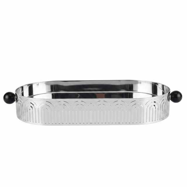 Silver Metal Oval Candy & Serving Tray with Elegant Black Handles | Ornate Arch Cutout Design | 30×15cm | - Al Kabayel Discount CentreSilver Metal Oval Candy & Serving Tray with Elegant Black Handles | Ornate Arch Cutout Design | 30×15cm |Serving TraysAKDCAl Kabayel Discount Centre