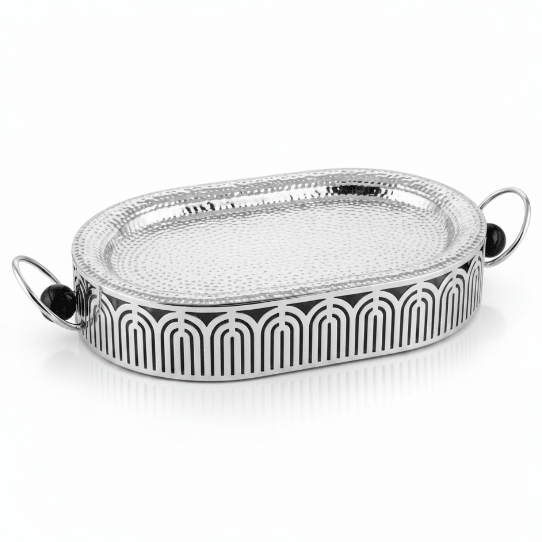 Silver Metal Oval Candy & Serving Tray with Elegant Side Handles and Geometric Arch Stand | Hammered Finish | Premium Hospitality Décor | - Al Kabayel Discount CentreSilver Metal Oval Candy & Serving Tray with Elegant Side Handles and Geometric Arch Stand | Hammered Finish | Premium Hospitality Décor |Serving TraysAKDCAl Kabayel Discount Centre