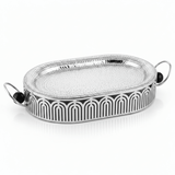 Silver Metal Oval Candy & Serving Tray with Elegant Side Handles and Geometric Arch Stand | Hammered Finish | Premium Hospitality Décor | - Al Kabayel Discount CentreSilver Metal Oval Candy & Serving Tray with Elegant Side Handles and Geometric Arch Stand | Hammered Finish | Premium Hospitality Décor |Serving TraysAKDCAl Kabayel Discount Centre