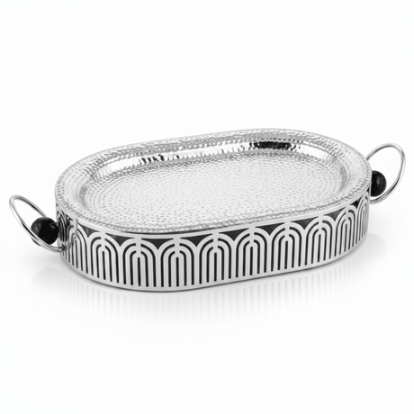 Silver Metal Oval Candy & Serving Tray with Elegant Side Handles and Geometric Arch Stand | Hammered Finish | Premium Hospitality Décor | - Al Kabayel Discount CentreSilver Metal Oval Candy & Serving Tray with Elegant Side Handles and Geometric Arch Stand | Hammered Finish | Premium Hospitality Décor |Serving TraysAKDCAl Kabayel Discount Centre