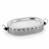 Silver Metal Oval Candy & Serving Tray with Elegant Side Handles and Geometric Arch Stand | Hammered Finish | Premium Hospitality Décor | - Al Kabayel Discount CentreSilver Metal Oval Candy & Serving Tray with Elegant Side Handles and Geometric Arch Stand | Hammered Finish | Premium Hospitality Décor |Serving TraysAKDCAl Kabayel Discount Centre