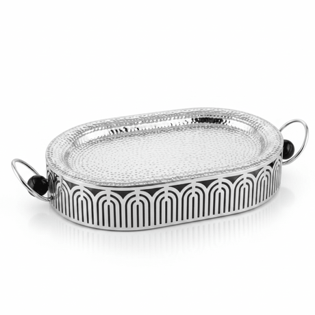 Silver Metal Oval Candy & Serving Tray with Elegant Side Handles and Geometric Arch Stand | Hammered Finish | Premium Hospitality Décor | - Al Kabayel Discount CentreSilver Metal Oval Candy & Serving Tray with Elegant Side Handles and Geometric Arch Stand | Hammered Finish | Premium Hospitality Décor |Serving TraysAKDCAl Kabayel Discount Centre