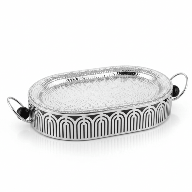 Silver Metal Oval Candy & Serving Tray with Elegant Side Handles and Geometric Arch Stand | Hammered Finish | Premium Hospitality Décor | - Al Kabayel Discount CentreSilver Metal Oval Candy & Serving Tray with Elegant Side Handles and Geometric Arch Stand | Hammered Finish | Premium Hospitality Décor |Serving TraysAKDCAl Kabayel Discount Centre