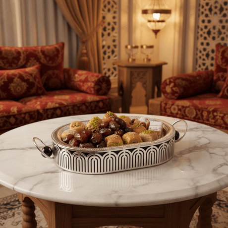 Silver Metal Oval Candy & Serving Tray with Elegant Side Handles and Geometric Arch Stand | Hammered Finish | Premium Hospitality Décor | - Al Kabayel Discount CentreSilver Metal Oval Candy & Serving Tray with Elegant Side Handles and Geometric Arch Stand | Hammered Finish | Premium Hospitality Décor |Serving TraysAKDCAl Kabayel Discount Centre