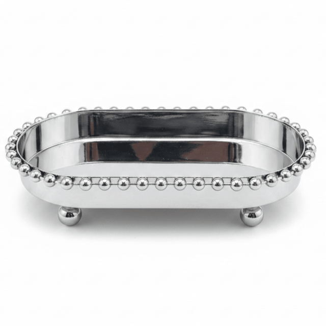 Silver Metal Oval Candy & Sweets Serving Tray with Beaded Pearl Border and Ball Feet — 20×10 cm - Al Kabayel Discount CentreSilver Metal Oval Candy & Sweets Serving Tray with Beaded Pearl Border and Ball Feet — 20×10 cmServing TraysAKDCAl Kabayel Discount Centre