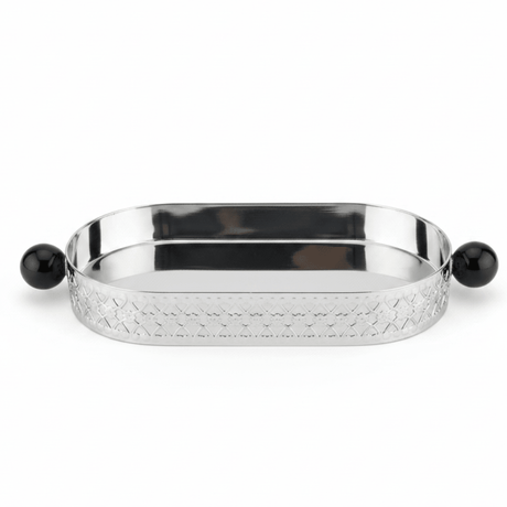 Silver Metal Oval Candy & Sweets Tray with Elegant Black Handles | Decorative Lattice Design | 20×10 cm | - Al Kabayel Discount CentreSilver Metal Oval Candy & Sweets Tray with Elegant Black Handles | Decorative Lattice Design | 20×10 cm |Serving TraysAKDCAl Kabayel Discount Centre
