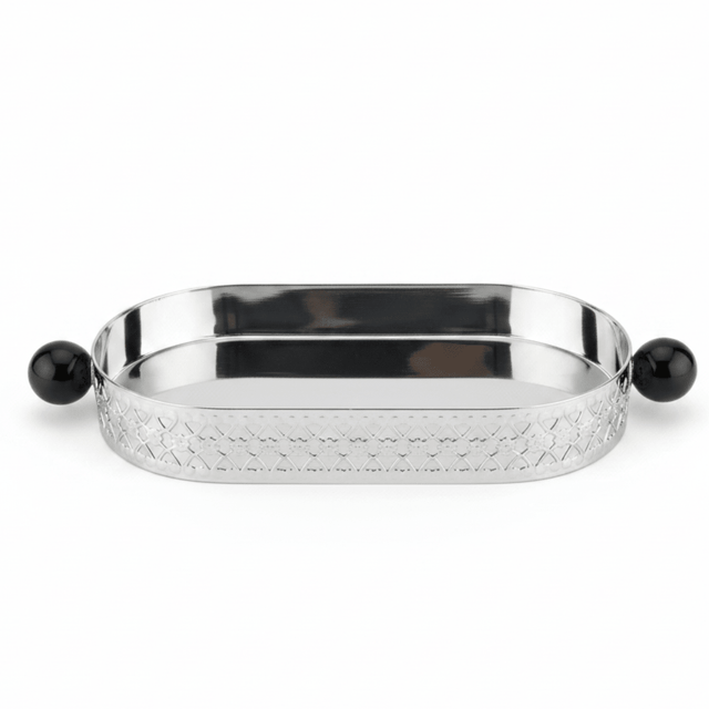 Silver Metal Oval Candy & Sweets Tray with Elegant Black Handles | Decorative Lattice Design | 20×10 cm | - Al Kabayel Discount CentreSilver Metal Oval Candy & Sweets Tray with Elegant Black Handles | Decorative Lattice Design | 20×10 cm |Serving TraysAKDCAl Kabayel Discount Centre