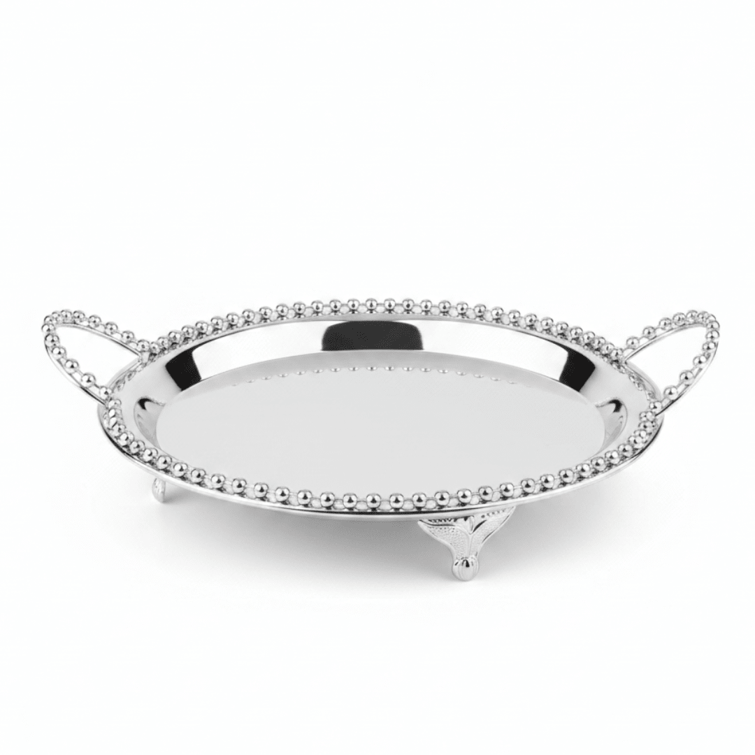 Silver Metal Round Candy Tray with Decorative Beaded Rim and Ornate Handles - Al Kabayel Discount CentreSilver Metal Round Candy Tray with Decorative Beaded Rim and Ornate HandlesServing TraysAKDCAl Kabayel Discount Centre