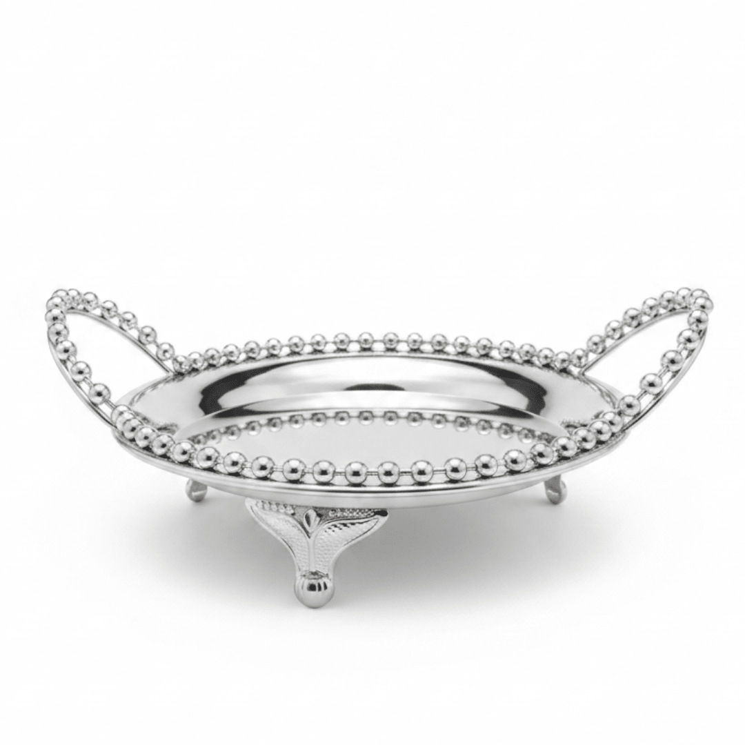 Silver Metal Round Candy Tray with Decorative Beaded Rim and Ornate Handles - Al Kabayel Discount CentreSilver Metal Round Candy Tray with Decorative Beaded Rim and Ornate HandlesServing TraysAKDCAl Kabayel Discount Centre