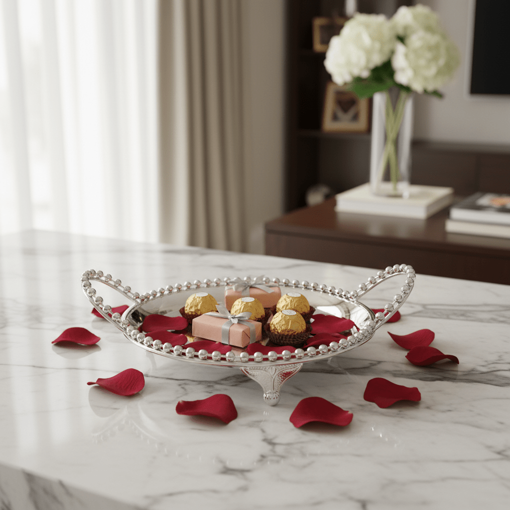 Silver Metal Round Candy Tray with Decorative Beaded Rim and Ornate Handles - Al Kabayel Discount CentreSilver Metal Round Candy Tray with Decorative Beaded Rim and Ornate HandlesServing TraysAKDCAl Kabayel Discount Centre