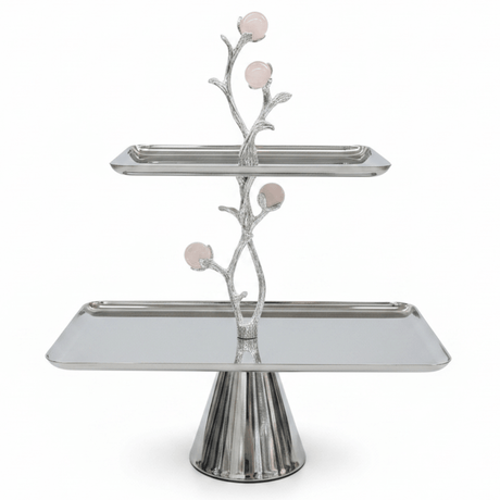 Silver Stainless Steel Footed 2-Tier Rectangular Cake & Dessert Tray Stand with Decorative Floral Branch Stem | 20×15cm & 30×20cm | - Al Kabayel Discount CentreSilver Stainless Steel Footed 2-Tier Rectangular Cake & Dessert Tray Stand with Decorative Floral Branch Stem | 20×15cm & 30×20cm |Serving TraysAKDCAl Kabayel Discount Centre