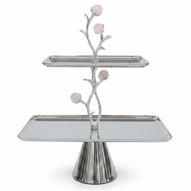 Silver Stainless Steel Footed 2-Tier Rectangular Cake & Dessert Tray Stand with Decorative Floral Branch Stem | 20×15cm & 30×20cm | - Al Kabayel Discount CentreSilver Stainless Steel Footed 2-Tier Rectangular Cake & Dessert Tray Stand with Decorative Floral Branch Stem | 20×15cm & 30×20cm |Serving TraysAKDCAl Kabayel Discount Centre