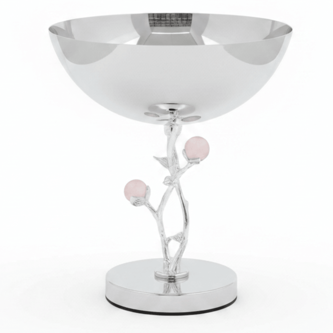 Silver Stainless Steel Footed Candy Bowl with Decorative Rose Stem & Pink Balls – 20×24cm - Al Kabayel Discount CentreSilver Stainless Steel Footed Candy Bowl with Decorative Rose Stem & Pink Balls – 20×24cmBowlsAKDCAl Kabayel Discount Centre