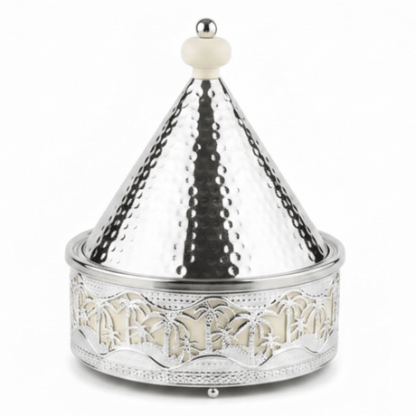 Silver Stainless Steel Moroccan Tajine with Palm Tree Design — 22.5cm - Al Kabayel Discount CentreSilver Stainless Steel Moroccan Tajine with Palm Tree Design — 22.5cmServing TraysAKDCAl Kabayel Discount Centre