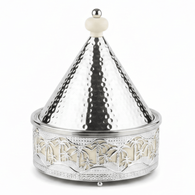 Silver Stainless Steel Moroccan Tajine with Palm Tree Design — 22.5cm - Al Kabayel Discount CentreSilver Stainless Steel Moroccan Tajine with Palm Tree Design — 22.5cmServing TraysAKDCAl Kabayel Discount Centre