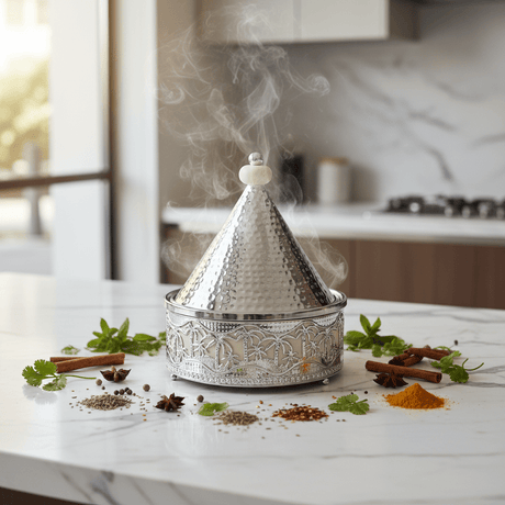 Silver Stainless Steel Moroccan Tajine with Palm Tree Design — 22.5cm - Al Kabayel Discount CentreSilver Stainless Steel Moroccan Tajine with Palm Tree Design — 22.5cmServing TraysAKDCAl Kabayel Discount Centre