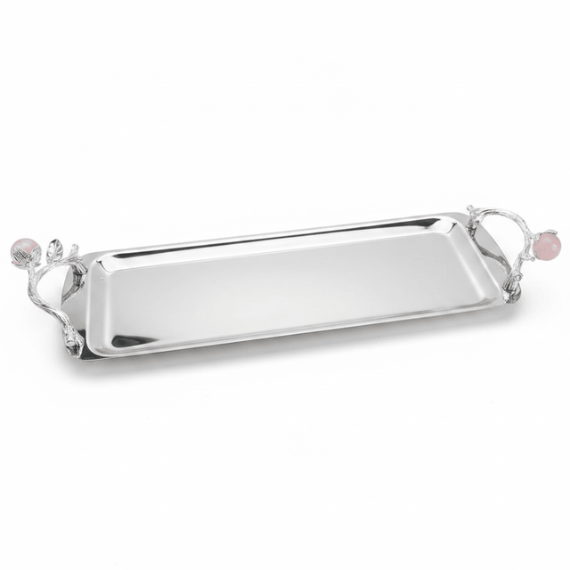 Silver Stainless Steel Rectangle Cake & Serving Tray with Ornate Floral Handles & Rose Quartz Accent – 35×12cm / 45×12cm - Al Kabayel Discount CentreSilver Stainless Steel Rectangle Cake & Serving Tray with Ornate Floral Handles & Rose Quartz Accent – 35×12cm / 45×12cmServing TraysAKDCAl Kabayel Discount Centre