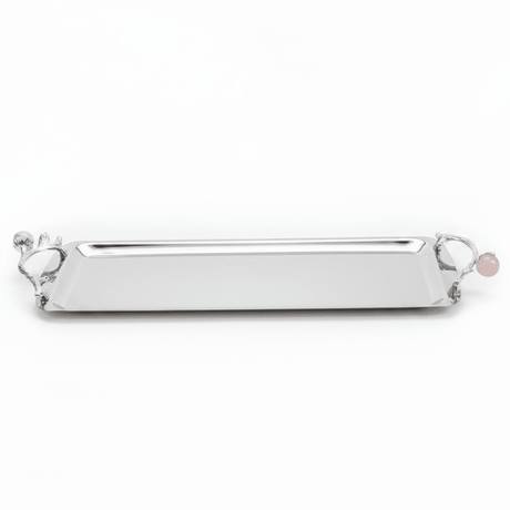 Silver Stainless Steel Rectangle Cake & Serving Tray with Ornate Floral Handles & Rose Quartz Accent – 35×12cm / 45×12cm - Al Kabayel Discount CentreSilver Stainless Steel Rectangle Cake & Serving Tray with Ornate Floral Handles & Rose Quartz Accent – 35×12cm / 45×12cmServing TraysAKDCAl Kabayel Discount Centre