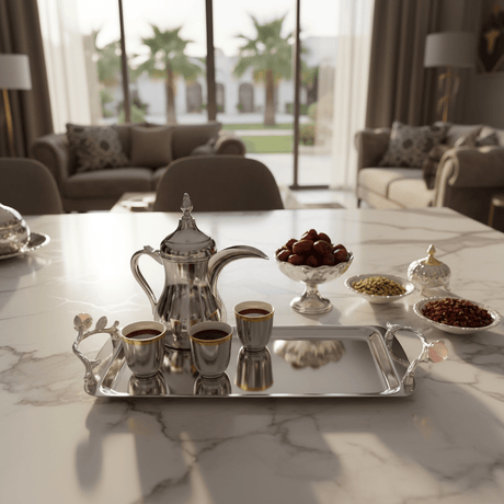 Silver Stainless Steel Rectangle Cake & Serving Tray with Ornate Floral Handles & Rose Quartz Accent – 35×12cm / 45×12cm - Al Kabayel Discount CentreSilver Stainless Steel Rectangle Cake & Serving Tray with Ornate Floral Handles & Rose Quartz Accent – 35×12cm / 45×12cmServing TraysAKDCAl Kabayel Discount Centre