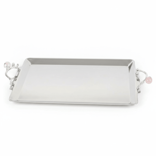 Silver Stainless Steel Rectangle Cake Tray with Ornate Handles — 40×25 cm | - Al Kabayel Discount CentreSilver Stainless Steel Rectangle Cake Tray with Ornate Handles — 40×25 cm |Serving TraysAKDCAl Kabayel Discount Centre