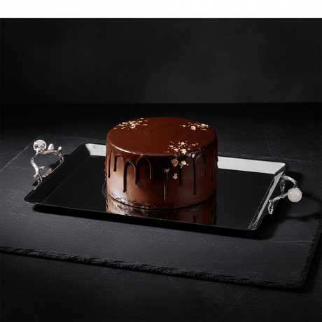 Silver Stainless Steel Rectangle Cake Tray with Ornate Handles — 40×25 cm | - Al Kabayel Discount CentreSilver Stainless Steel Rectangle Cake Tray with Ornate Handles — 40×25 cm |Serving TraysAKDCAl Kabayel Discount Centre