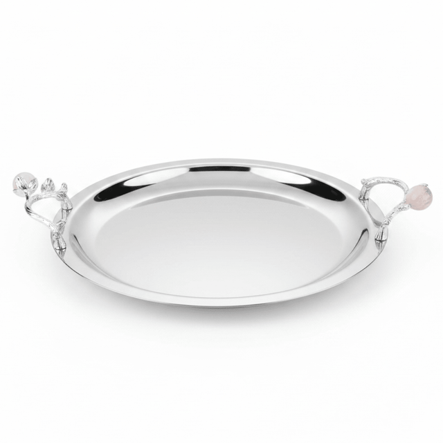 Silver Stainless Steel Round Cake Tray with Ornate Decorative Handles – 28cm - Al Kabayel Discount CentreSilver Stainless Steel Round Cake Tray with Ornate Decorative Handles – 28cmServing TraysAKDCAl Kabayel Discount Centre