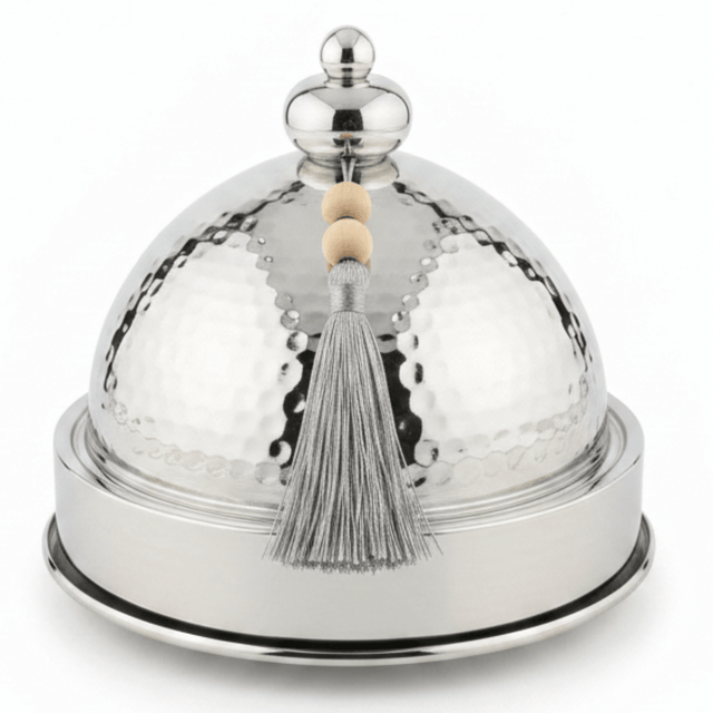 Silver Stainless Steel Round Tajine Serving Bowl 19cm — Hammered Dome Lid | Luxury Tableware - Al Kabayel Discount CentreSilver Stainless Steel Round Tajine Serving Bowl 19cm — Hammered Dome Lid | Luxury TablewareServing TraysAKDCAl Kabayel Discount Centre