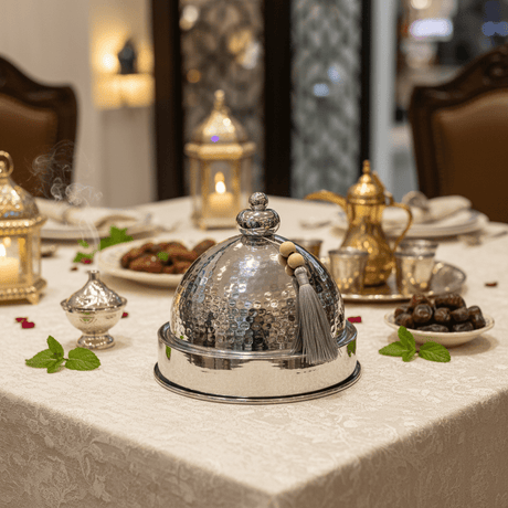 Silver Stainless Steel Round Tajine Serving Bowl 19cm — Hammered Dome Lid | Luxury Tableware - Al Kabayel Discount CentreSilver Stainless Steel Round Tajine Serving Bowl 19cm — Hammered Dome Lid | Luxury TablewareServing TraysAKDCAl Kabayel Discount Centre