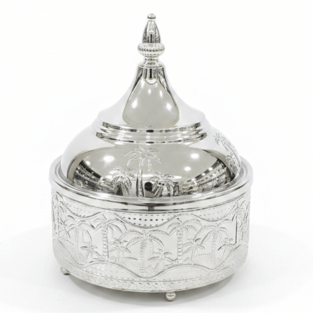 Silver Stainless Steel Tajine with Palm Tree Design — 19cm - Al Kabayel Discount CentreSilver Stainless Steel Tajine with Palm Tree Design — 19cmServing TraysAKDCAl Kabayel Discount Centre