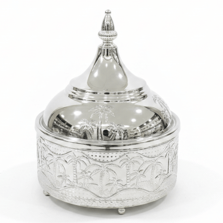 Silver Stainless Steel Tajine with Palm Tree Design — 19cm - Al Kabayel Discount CentreSilver Stainless Steel Tajine with Palm Tree Design — 19cmServing TraysAKDCAl Kabayel Discount Centre