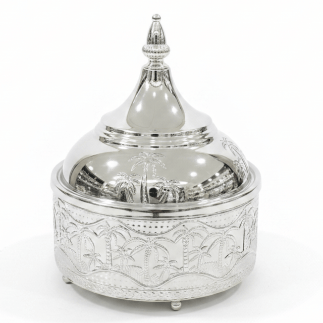 Silver Stainless Steel Tajine with Palm Tree Design — 19cm - Al Kabayel Discount CentreSilver Stainless Steel Tajine with Palm Tree Design — 19cmServing TraysAKDCAl Kabayel Discount Centre