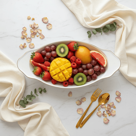 Solecasa Off - White Oval Ceramic Fruit Bowl with Gold Rim - 15.2 Inch - Al Kabayel Discount CentreSolecasa Off - White Oval Ceramic Fruit Bowl with Gold Rim - 15.2 InchBowlsSOLECASAAl Kabayel Discount Centre