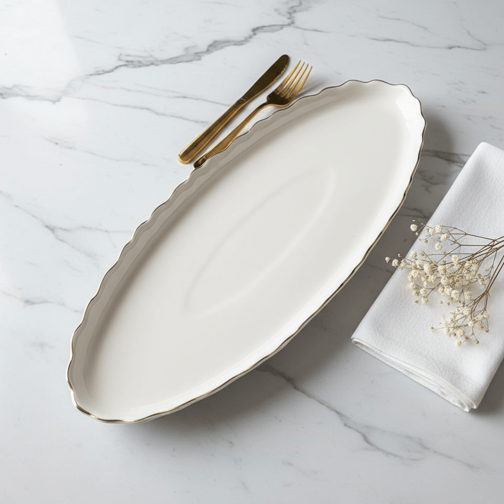 Solecasa Off - White Oval Ceramic Plate with Gold Rim - 15.75 Inch - Al Kabayel Discount CentreSolecasa Off - White Oval Ceramic Plate with Gold Rim - 15.75 InchPlatesSOLECASAAl Kabayel Discount Centre