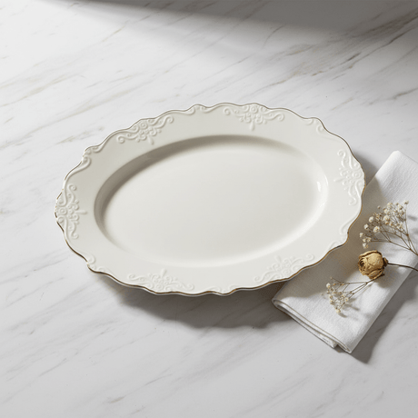 Solecasa Off - White Oval Ceramic Serving Plate with Gold Rim - 35 x 25 cm - Al Kabayel Discount CentreSolecasa Off - White Oval Ceramic Serving Plate with Gold Rim - 35 x 25 cmPlatesSOLECASAAl Kabayel Discount Centre