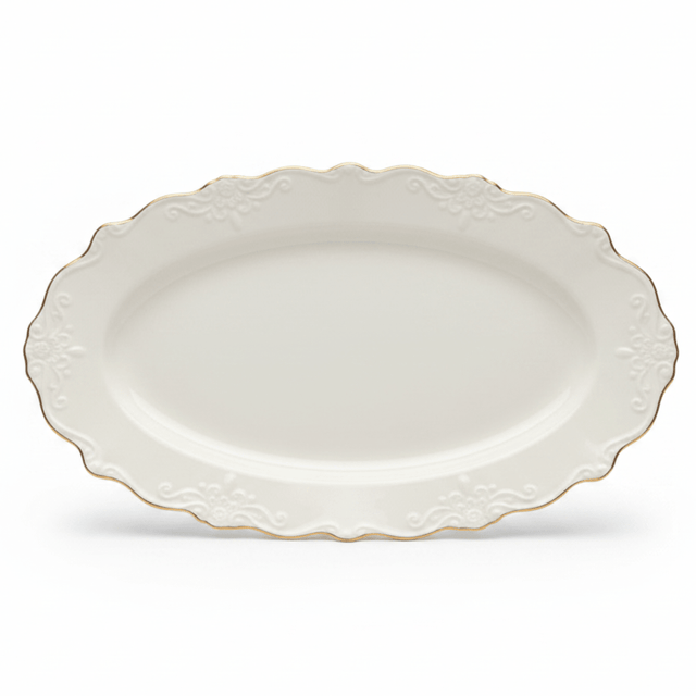 Solecasa Off - White Oval Ceramic Serving Plate with Gold Rim - 35 x 25 cm - Al Kabayel Discount CentreSolecasa Off - White Oval Ceramic Serving Plate with Gold Rim - 35 x 25 cmPlatesSOLECASAAl Kabayel Discount Centre