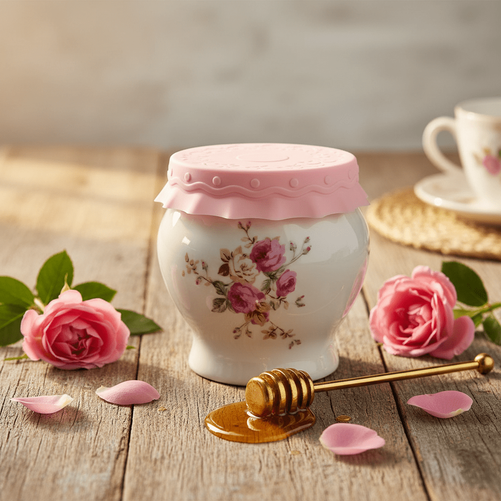 Solecasa White Ceramic Honey Jar with Floral Design & Pink Silicone Lid — 300ml - Al Kabayel Discount CentreSolecasa White Ceramic Honey Jar with Floral Design & Pink Silicone Lid — 300mlJars & Food SaversSOLECASAAl Kabayel Discount Centre
